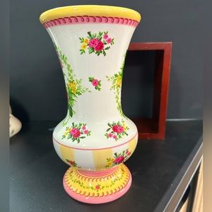 Vintage Laura Ashley ceramic pink, yellow and green floral roses pedestal vase